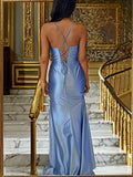 Sheath/Column Silk like Satin Ruched Spaghetti Straps Sleeveless Sweep/Brush Train Dresses Prom Evening Dress