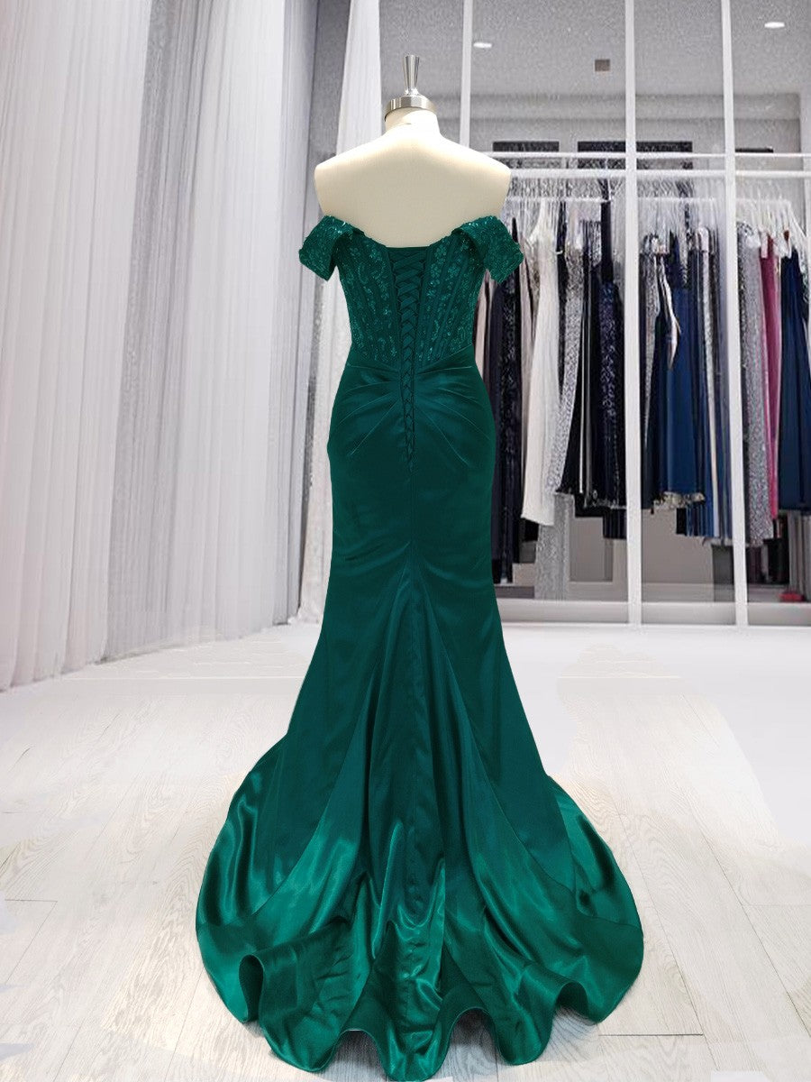 Vestido de noche de graduación con corte tubo/columna, fruncido, hombros descubiertos, sin mangas, con cola larga