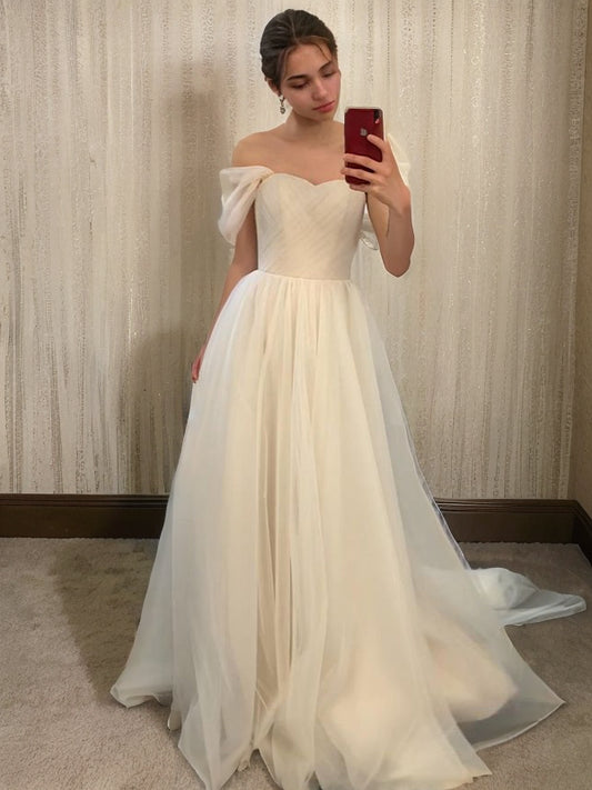 A-Line/Princess Tulle Ruched Off-the-Shoulder Sleeveless Sweep/Brush Train Wedding Dresses Bridal Gowns