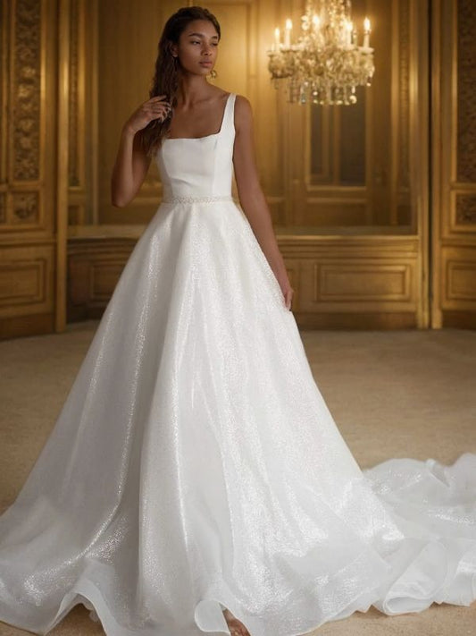 A-Line/Princess Sash/Ribbon/Belt Square Sleeveless Chapel Train Wedding Dresses Bridal Gowns