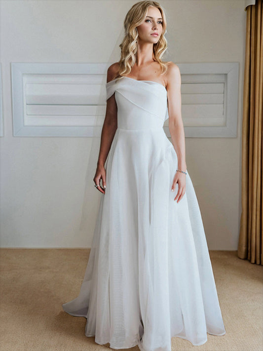 A-Line/Princess Organza Ruched One-Shoulder Sleeveless Court Train Wedding Dresses Bridal Gowns