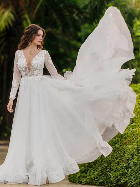A-Line/Princess Tulle Applique Scoop Long Sleeves Cathedral Train Wedding Dresses Bridal Gowns