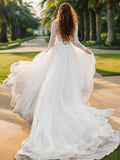 A-Line/Princess Tulle Applique Scoop Long Sleeves Cathedral Train Wedding Dresses Bridal Gowns
