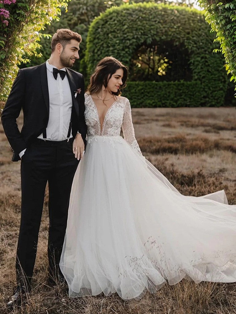 A-Line/Princess Tulle Applique Scoop Long Sleeves Cathedral Train Wedding Dresses Bridal Gowns