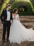 A-Line/Princess Tulle Applique Scoop Long Sleeves Cathedral Train Wedding Dresses Bridal Gowns