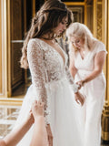 A-Line/Princess Tulle Applique Scoop Long Sleeves Cathedral Train Wedding Dresses Bridal Gowns