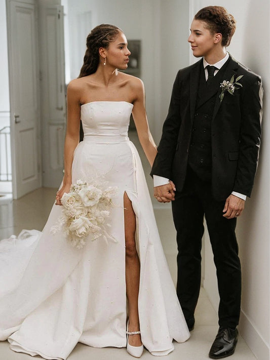 A-Line/Princess Stretch Crepe Ruched Strapless Sleeveless Cathedral Train Wedding Dresses Bridal Gowns