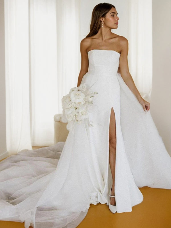 A-Line/Princess Stretch Crepe Ruched Strapless Sleeveless Cathedral Train Wedding Dresses Bridal Gowns