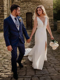 Sheath/Column Stretch Crepe V-neck Sleeveless Court Train Wedding Dresses Bridal Gowns