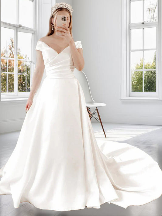 A-Line/Princess Satin Ruched V-neck Sleeveless Court Train Wedding Dresses Bridal Gowns