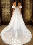 A-Line/Princess Tulle Applique Off-the-Shoulder Short Sleeves Chapel Train Wedding Dresses Bridal Gowns