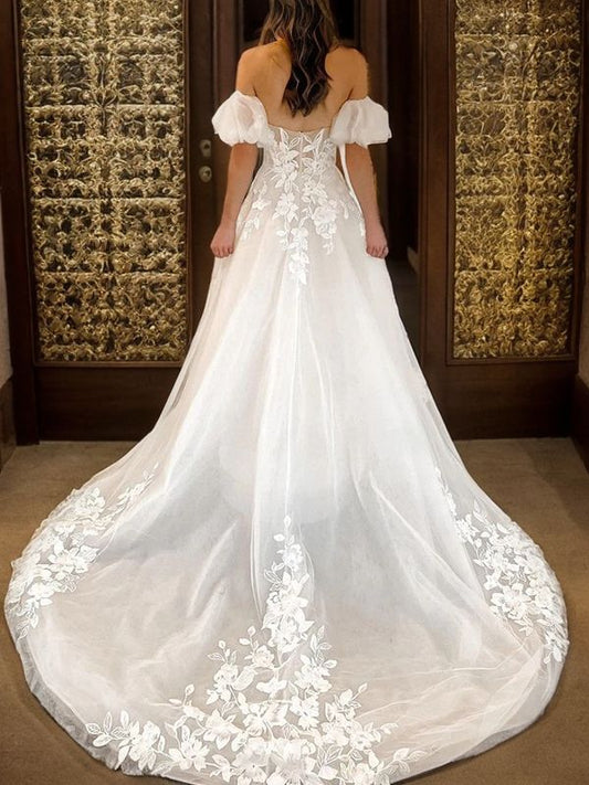 A-Line/Princess Tulle Applique Off-the-Shoulder Short Sleeves Chapel Train Wedding Dresses Bridal Gowns