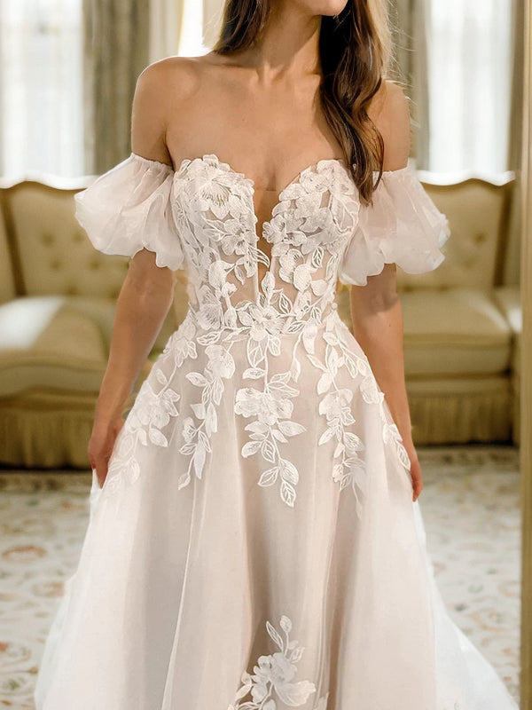 A-Line/Princess Tulle Applique Off-the-Shoulder Short Sleeves Chapel Train Wedding Dresses Bridal Gowns