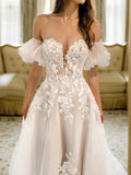 A-Line/Princess Tulle Applique Off-the-Shoulder Short Sleeves Chapel Train Wedding Dresses Bridal Gowns
