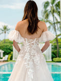 A-Line/Princess Tulle Applique Off-the-Shoulder Short Sleeves Chapel Train Wedding Dresses Bridal Gowns