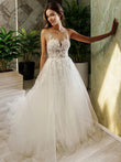 A-Line/Princess Tulle Applique Scoop Sleeveless Chapel Train Wedding Dresses Bridal Gowns
