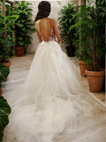 A-Line/Princess Tulle Applique Scoop Sleeveless Chapel Train Wedding Dresses Bridal Gowns