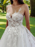A-Line/Princess Tulle Applique Scoop Sleeveless Chapel Train Wedding Dresses Bridal Gowns