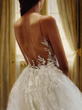 A-Line/Princess Tulle Applique Scoop Sleeveless Chapel Train Wedding Dresses Bridal Gowns