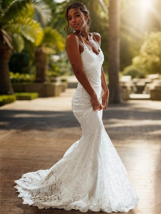 Sheath/Column Lace V-neck Sleeveless Court Train Wedding Dresses Bridal Gowns