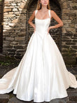 Ball Gown Satin Ruffles Straps Sleeveless Court Train Wedding Dresses Bridal Gowns