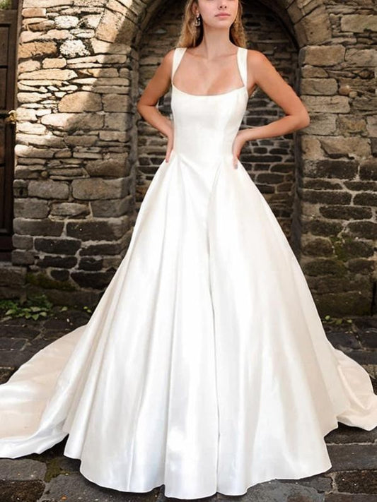 Ball Gown Satin Ruffles Straps Sleeveless Court Train Wedding Dresses Bridal Gowns