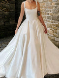 Ball Gown Satin Ruffles Straps Sleeveless Court Train Wedding Dresses Bridal Gowns