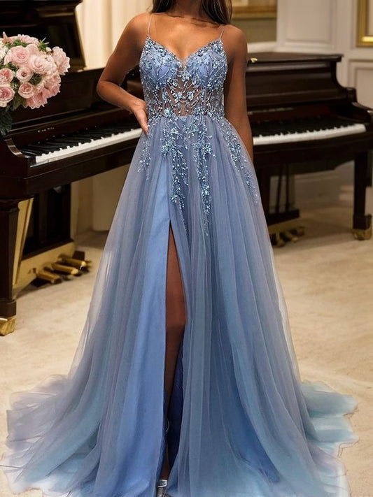 A-Line/Princess Tulle Applique V-neck Sleeveless Sweep/Brush Train Dresses Prom Evening Dress