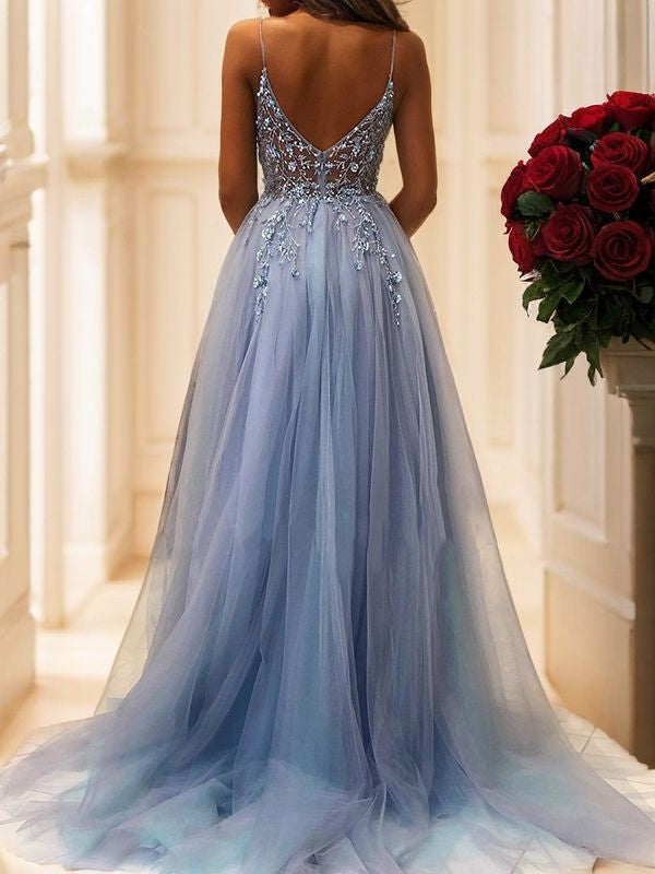 A-Line/Princess Tulle Applique V-neck Sleeveless Sweep/Brush Train Dresses Prom Evening Dress