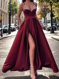 A-Line/Princess Satin Beading V-neck Sleeveless Sweep/Brush Train Dresses Prom Evening Dress