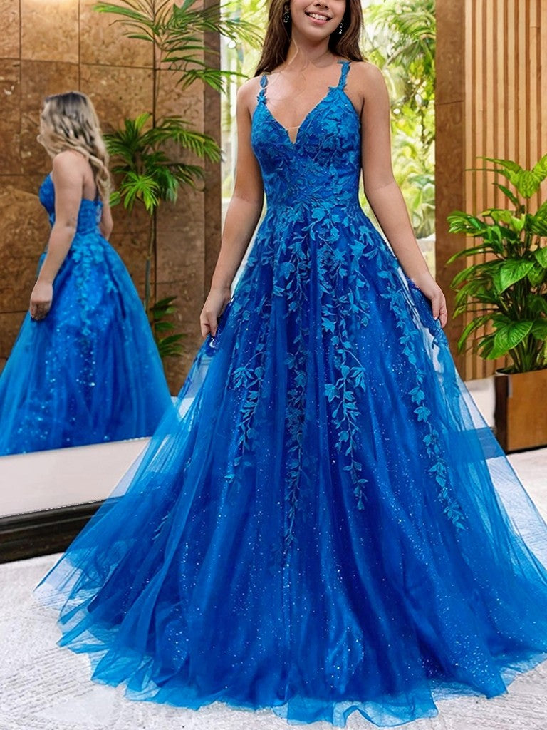 A-Line/Princess Tulle Applique V-neck Sleeveless Sweep/Brush Train Evening Dresses Prom Dress