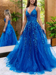A-Line/Princess Tulle Applique V-neck Sleeveless Sweep/Brush Train Evening Dresses Prom Dress