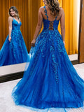 A-Line/Princess Tulle Applique V-neck Sleeveless Sweep/Brush Train Evening Dresses Prom Dress