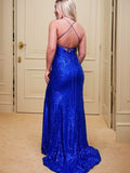 Sheath/Column Ruched Sequins V-neck Sleeveless Sweep/Brush Train Dresses Prom Evening Dress
