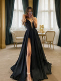 A-Line/Princess Sequins Ruffles V-neck Sleeveless Sweep/Brush Train Dresses Prom Evening Dress