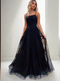 A-Line/Princess Tulle Applique Spaghetti Straps Sleeveless Sweep/Brush Train Evening Dresses Prom Dress
