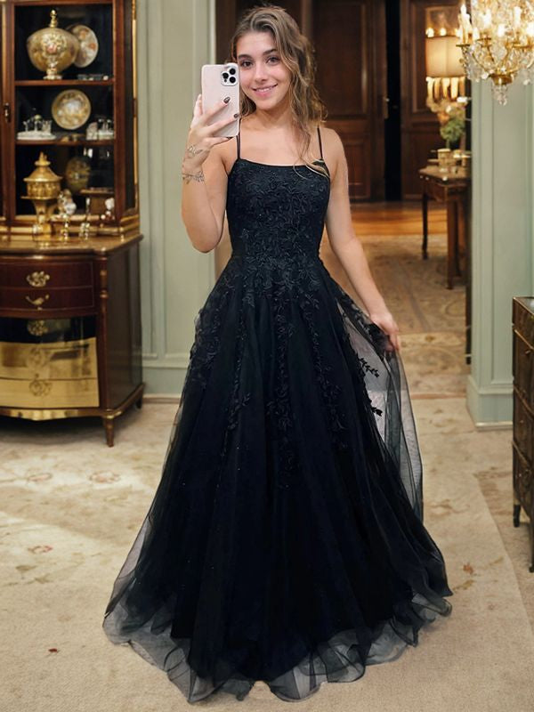 A-Line/Princess Tulle Applique Spaghetti Straps Sleeveless Sweep/Brush Train Evening Dresses Prom Dress