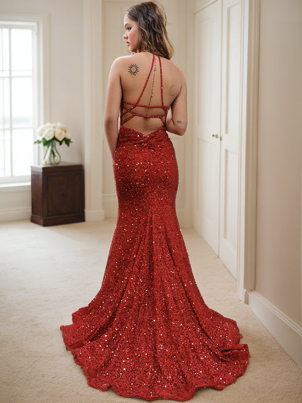 Sheath/Column V-neck Sleeveless Sweep/Brush Train Velvet Sequins Dresses Prom Evening Dress