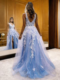 A-Line/Princess Tulle Applique V-neck Sleeveless Sweep/Brush Train Evening Dresses Prom Dress
