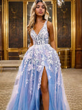A-Line/Princess Tulle Applique V-neck Sleeveless Sweep/Brush Train Evening Dresses Prom Dress