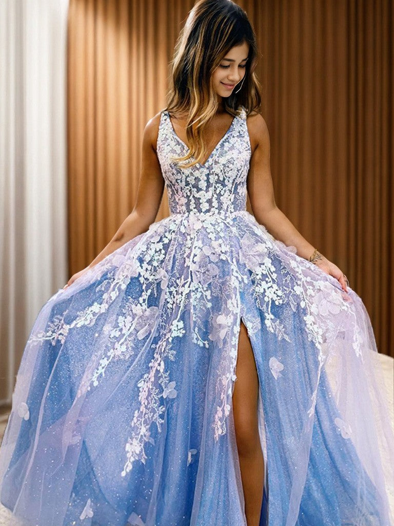 A-Line/Princess Tulle Applique V-neck Sleeveless Sweep/Brush Train Evening Dresses Prom Dress