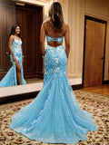Sheath/Column Lace Applique Spaghetti Straps Sleeveless Sweep/Brush Train Dresses Prom Evening Dress