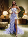 Sheath/Column Lace Applique Spaghetti Straps Sleeveless Sweep/Brush Train Dresses Prom Evening Dress