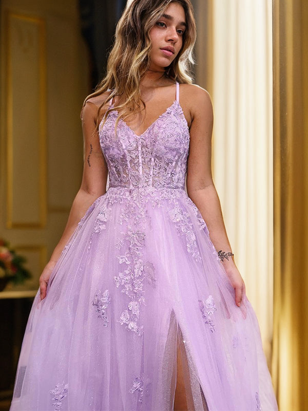 Vestidos de fiesta de noche con corte A/princesa, de tul, con apliques, escote en V, sin mangas y hasta el suelo.