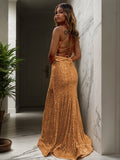 Sheath/Column Sequins Ruched V-neck Sleeveless Sweep/Brush Train Dresses Prom Evening Dress