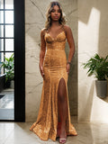 Sheath/Column Sequins Ruched V-neck Sleeveless Sweep/Brush Train Dresses Prom Evening Dress