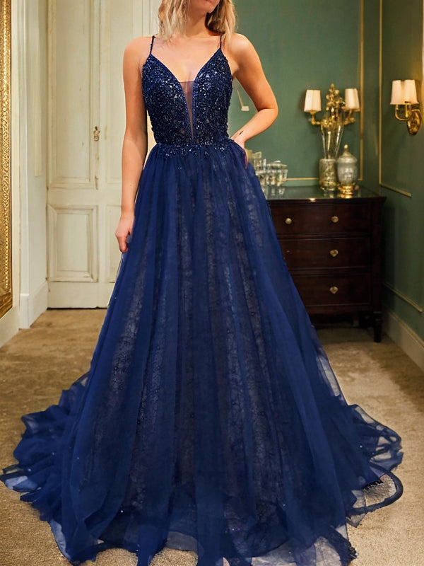 A-Line/Princess Tulle Beading V-neck Sleeveless Court Train Evening Dresses Prom Dress