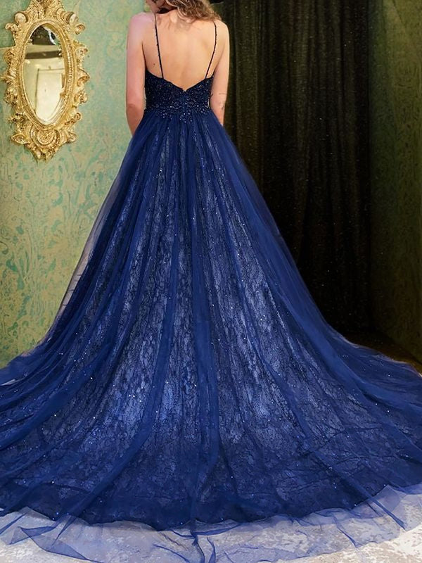 A-Line/Princess Tulle Beading V-neck Sleeveless Court Train Evening Dresses Prom Dress