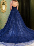 A-Line/Princess Tulle Beading V-neck Sleeveless Court Train Evening Dresses Prom Dress