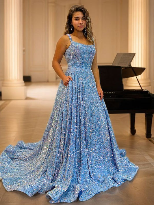 A-Line/Princess Velvet Sequins Ruffles Straps Sleeveless Court Train Dresses Prom Evening Dress